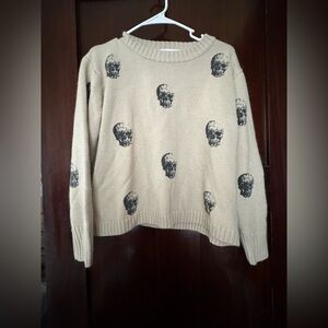 Skull Print Crew Neck Sweater - Cream